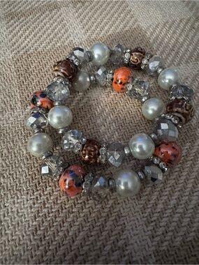 Handcrafted Pearl & Bead Stretch Bracelets - Orange and Brown Accent